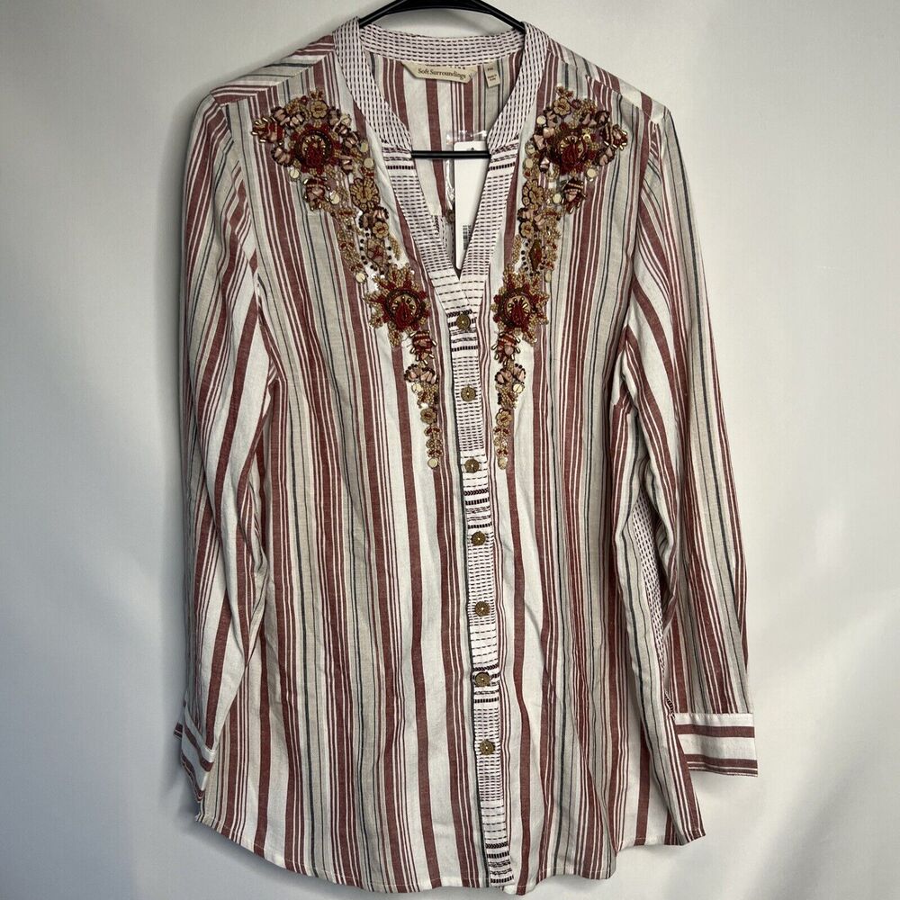 Soft Surroundings NEW Repose Berry Stripe Beaded Tunic Button Up Petite Medium